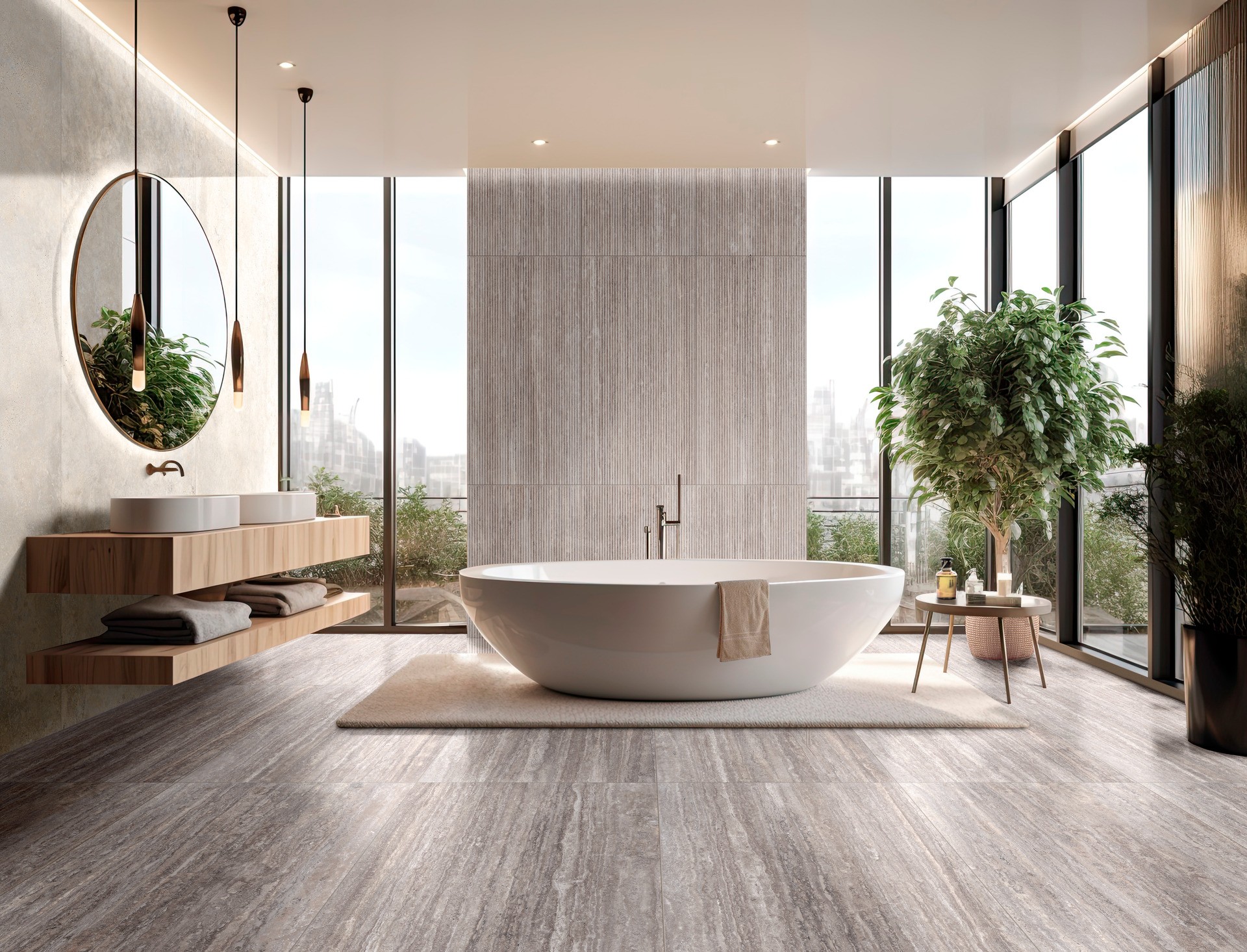 Badkamer met verschillende tegelformaten van Ragno Realstone Travertino op vloer en wand