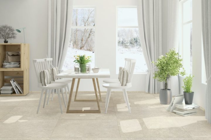 White stylish minimalist dinner room with winter landscape in window. Scandinavian interior design. 3D illustration